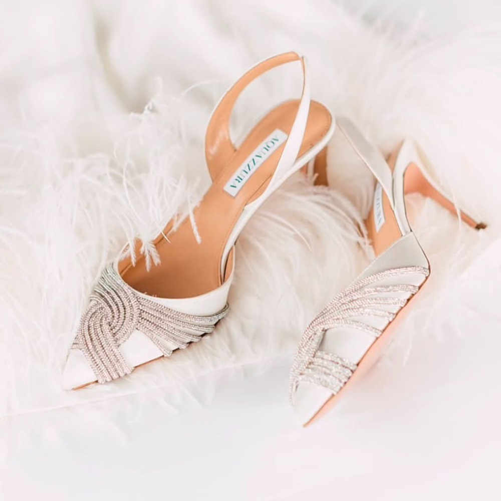 Worn once AQUAZZURA Gatsby 75 crystal-embellished satin slingback pumps - Picture 3 of 16